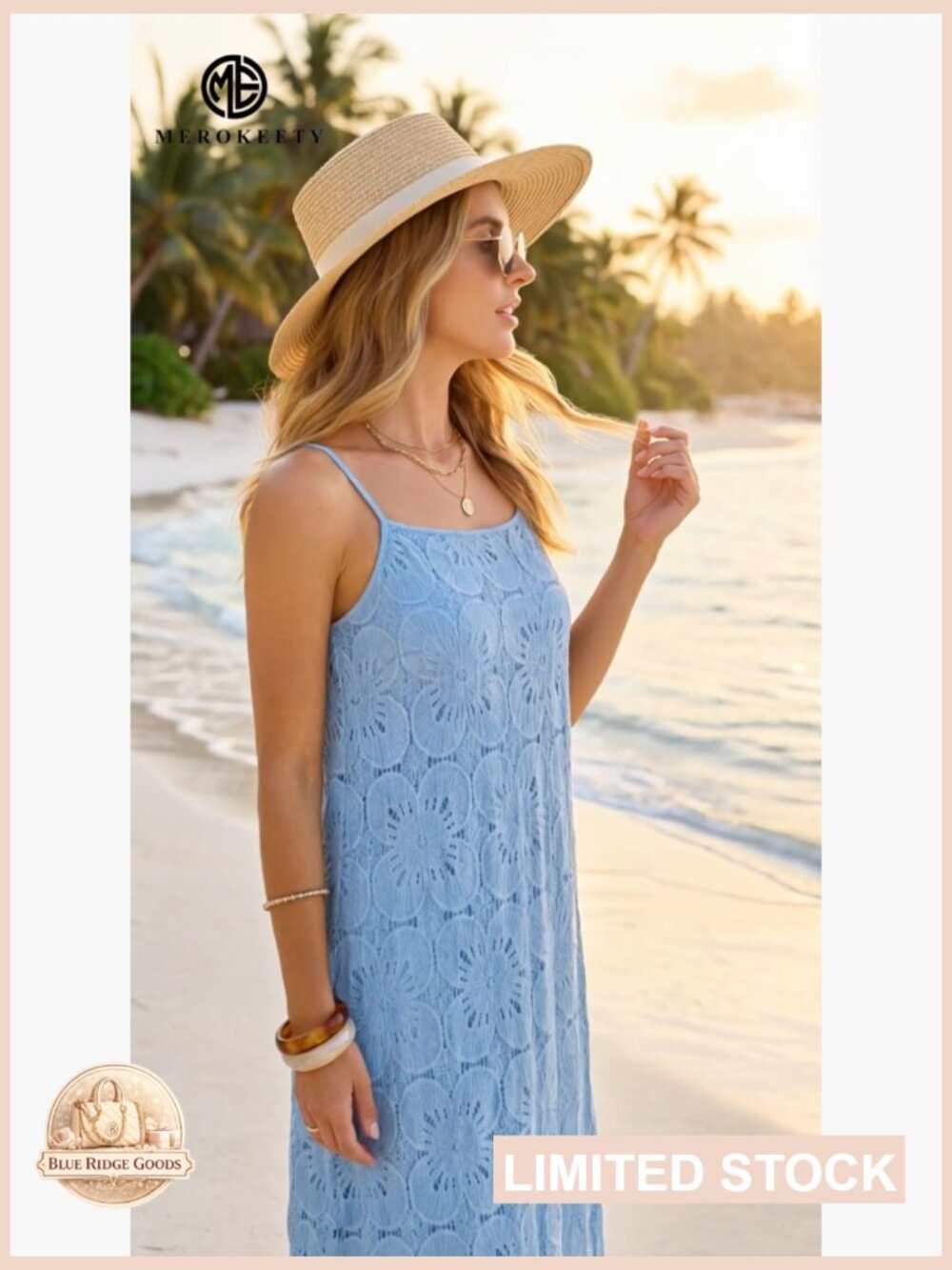 Womens Spaghetti Strap Sundress Sleeveless Boho Lace Maxi Dress Smocked Back - Picture 7 of 7